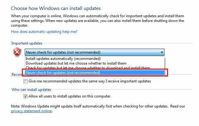 windows 7 never check for updates